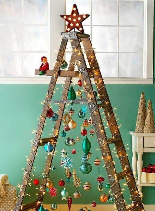 Christmas tree ladder idea for an alternative tree - @adolfson_interior. #laddertree #christmastreeladder #alternativechristmastree