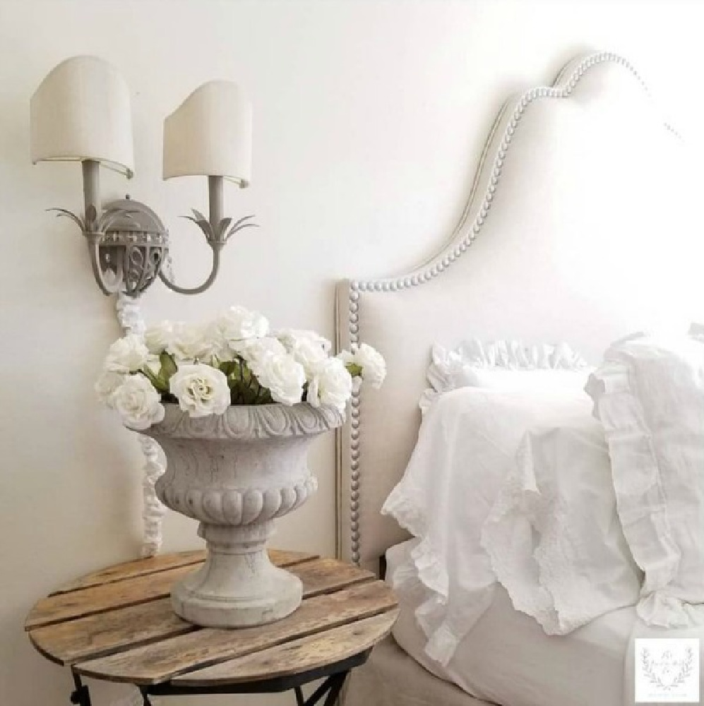 French country interior design inspiration from The French Nest Co. Come tour this beautiful French farmhouse style home with white on white romantic decor! #frenchcountry #frenchfarmhouse #interiordesign #whitedecor