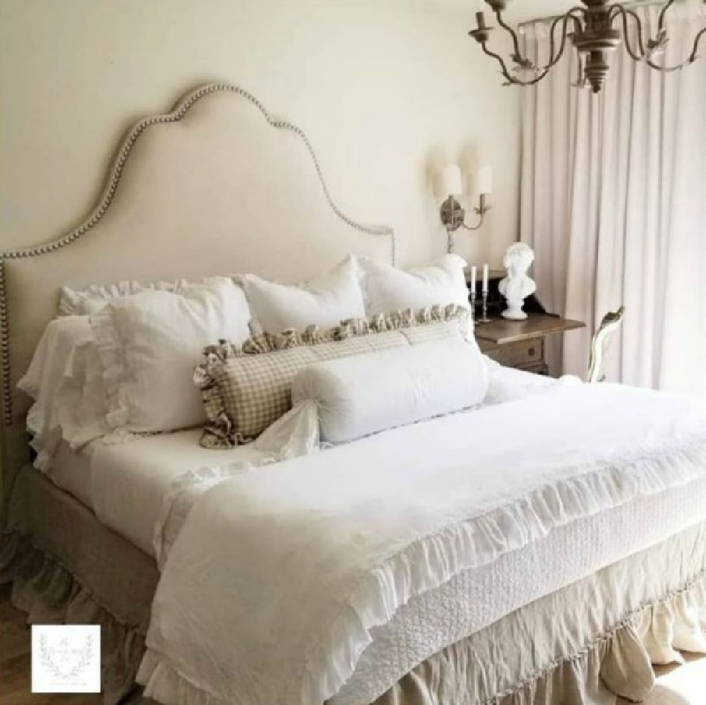 French country interior design inspiration from The French Nest Co. Come tour this beautiful French farmhouse style home with white on white romantic decor! #frenchcountry #frenchfarmhouse #interiordesign #whitedecor