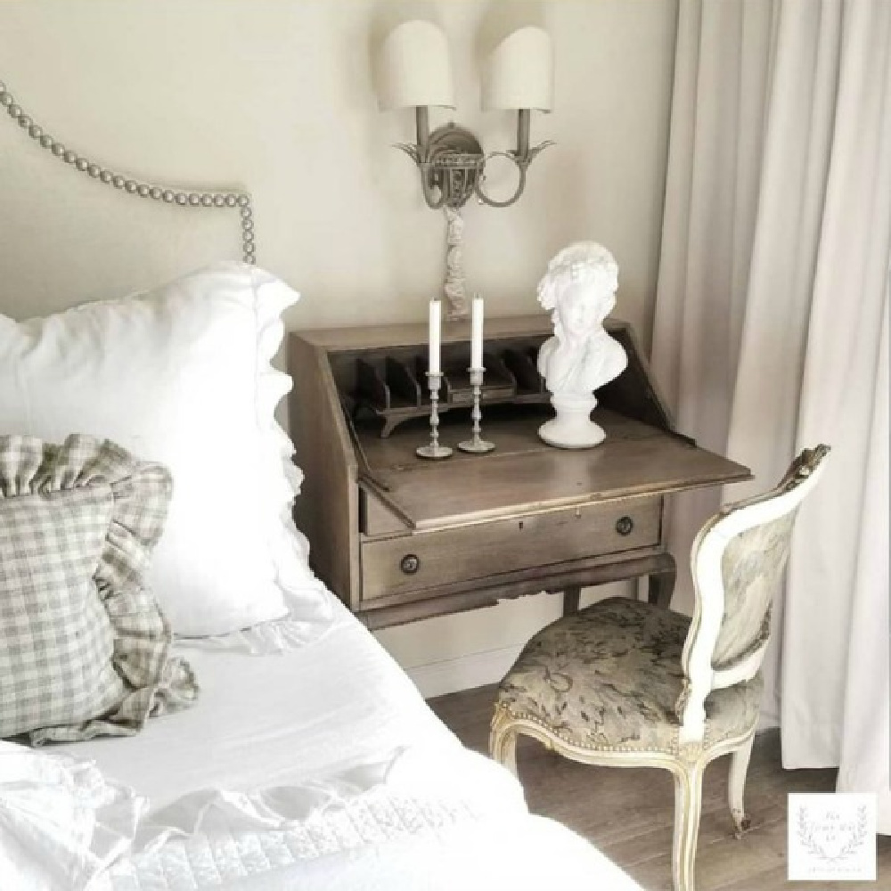 French country interior design inspiration from The French Nest Co. Come tour this beautiful French farmhouse style home with white on white romantic decor! #frenchcountry #frenchfarmhouse #interiordesign #whitedecor
