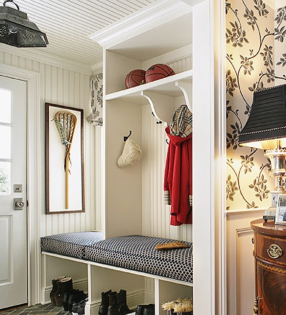 All White (Farrow & Ball) paint color in entry with built-in bench - @beavermillsdesign