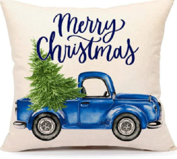 Farmhouse Christmas blue pickup with Christmas tree pillow cover.