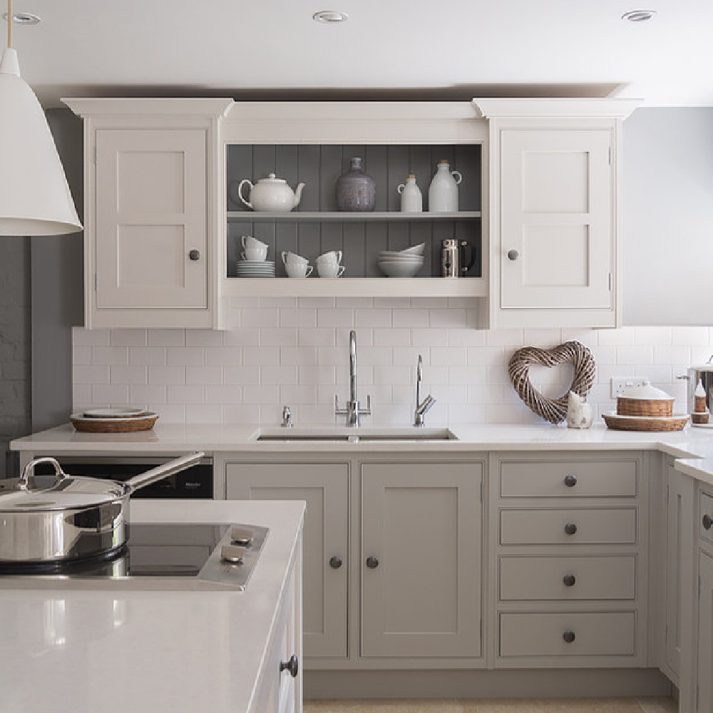 Pavilion Gray Farrow & Ball paint color on kitchen cabinets - Cheshire Furniture.