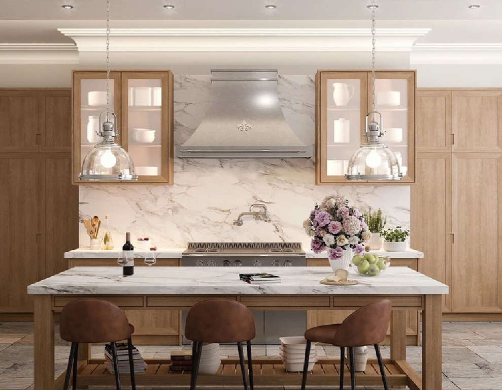 Elegant Modern French country kitchen with bespoke design by L'Atelier Paris. #modernfrench #frenchkitchen #bespoke #kitchendesign