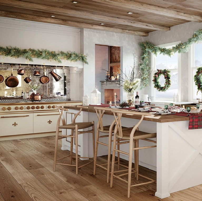 Christmas decorated luxurious French kitchen with bespoke range and cabinets - L'Atelier Paris. #frenchkitchen #christmaskitchen #dreamkitchen #bespoke