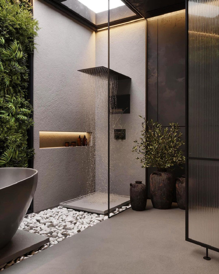 Gorgeous and luxurious zen bath with black hardware and minimal design - Kireevaanna.