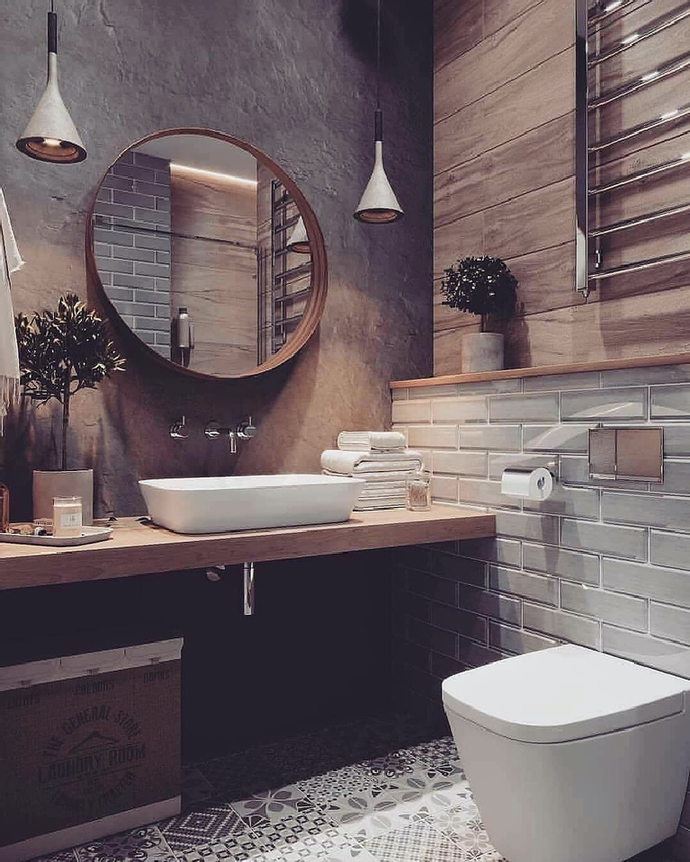 Modern rustic farmhouse bathroom with vessel sink, round mirror, and minimal toilet - Zenqhome.