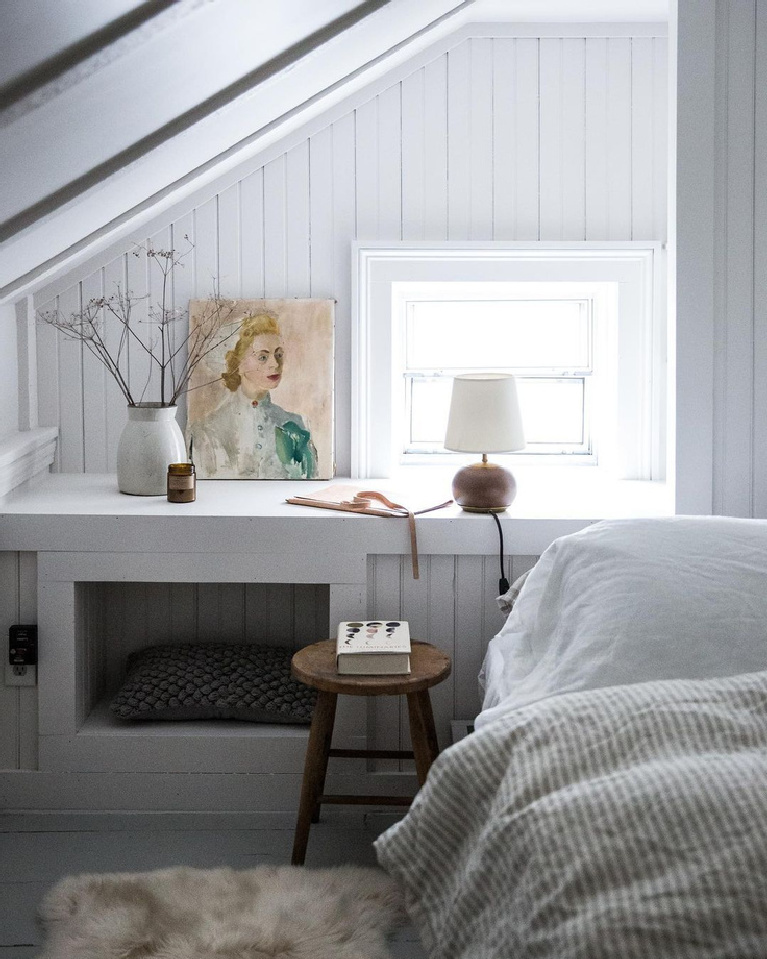 Cozy zen bedroom with white, tone on tone, beadboard, and modern minimal slow living style - JerseyIceCreamCo and BethKirby.