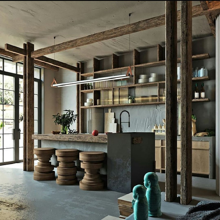 Rustic zen kitchen with Asian influences and breathtaking architectural features and design - @chidemane_khane.