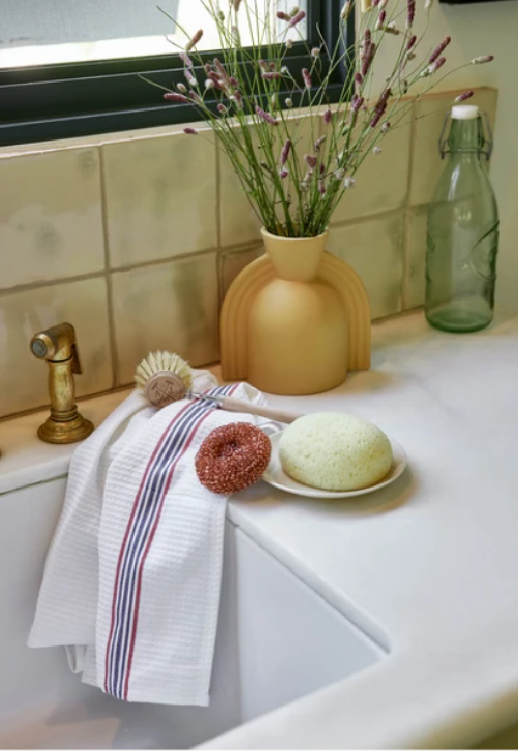 French farmhouse kitchen sink area with Andree Jardin dish kit - Lulu and Georgia. #frenchfarmhouse #frenchkitchen #kitchensink