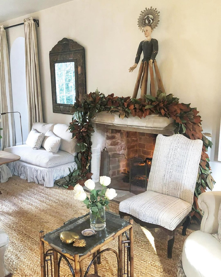 French country Christmas decor in an elegant Houston living room - Pamela Pierce for Milieu.