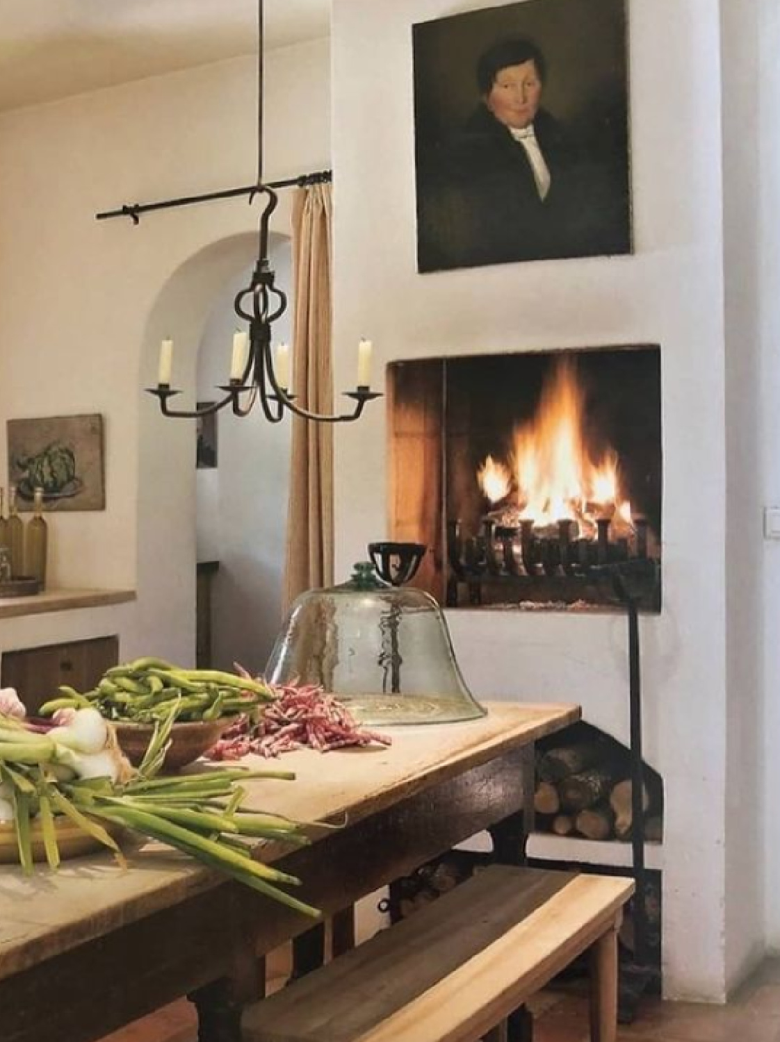 Cozy fireplace in Old World style kitchen - via @aquietlifeathome. #kitchenfireplace