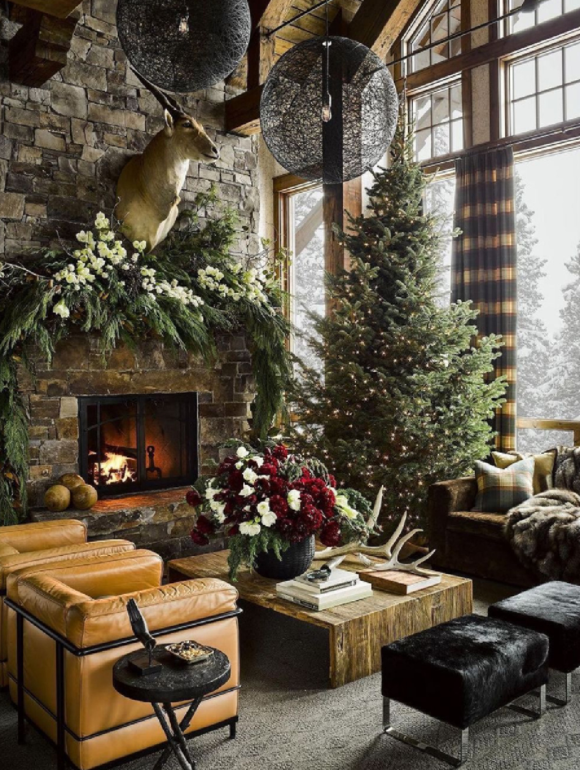Mountain lodge chic family room in Yellowstone Club with luxe interior design by Ken Fulk. #mountainchic #kenfulk #yellowstoneclub
