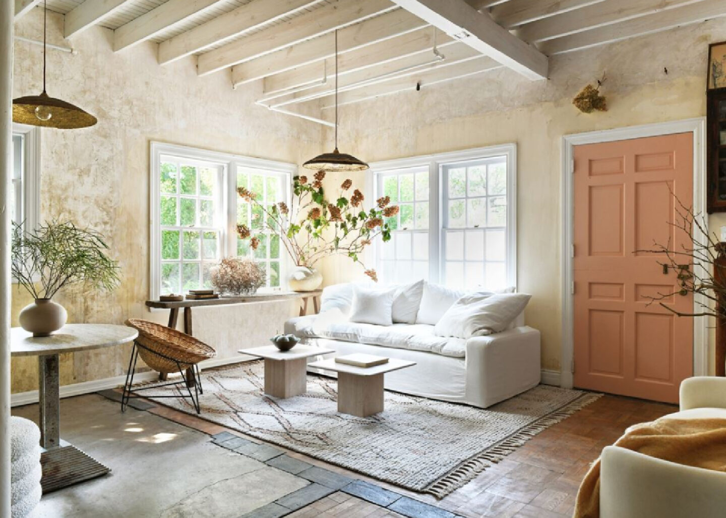 Leanne Ford designed living room with zen feel and Ever sofab in her Pittsburgh guest cottage - photo by Erin Kelly for Pittsburgh Post Gazette. #modernrustic #vintagestyle