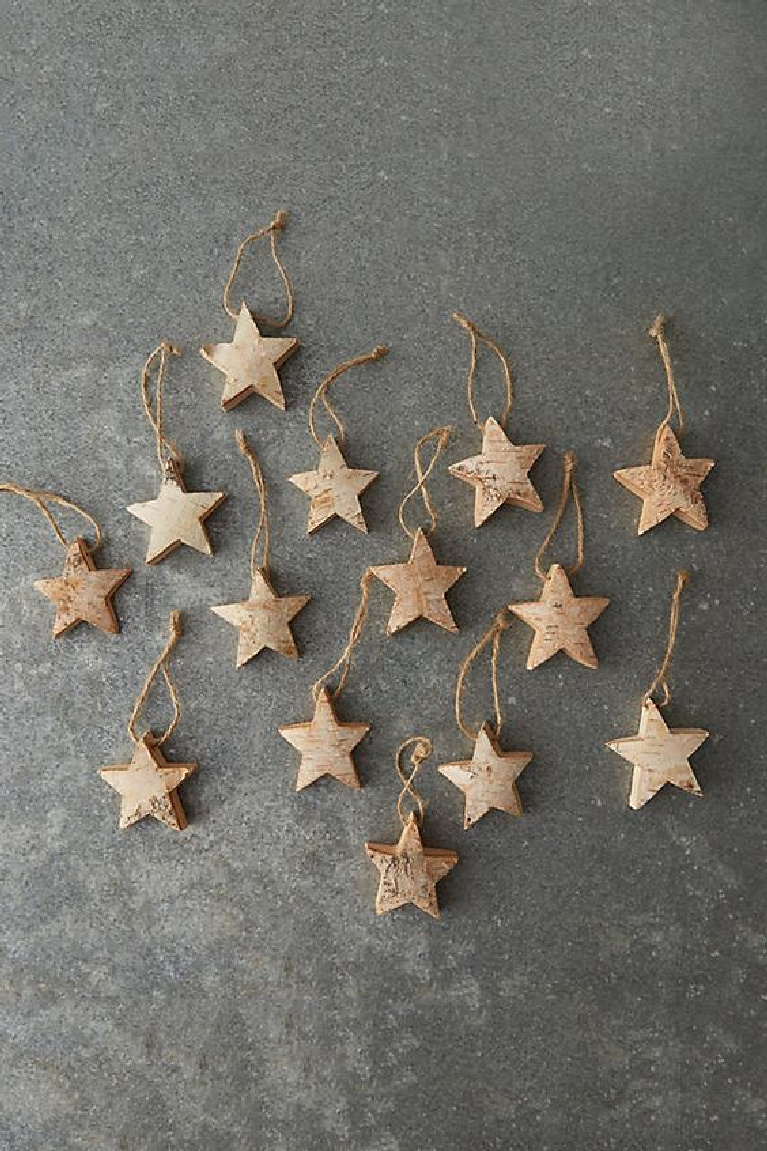 Scandi Christmas decor - birch star ornaments from Terrain and Anthropologie.