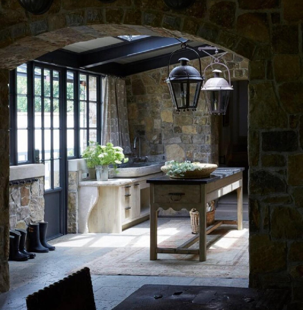 Jeffrey Dungan designed rustic luxe bespoke kitchen with natural materials and impeccable craftsmanship and architecture. This kitchen appears in "The Perfect Kitchen" by Barbara Sallick (Rizzoli, 2020).