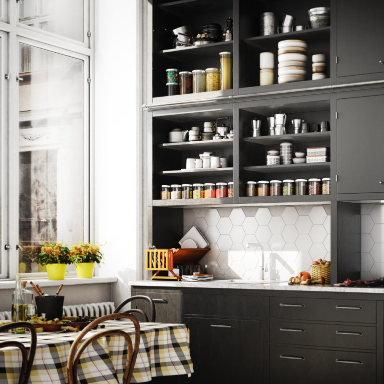 Behr Broadway paint color on kitchen cabinets is a deep dark bronzy soft black-brown for a bit of drama for your walls. #behrbroadway #paintcolors #blackpaints