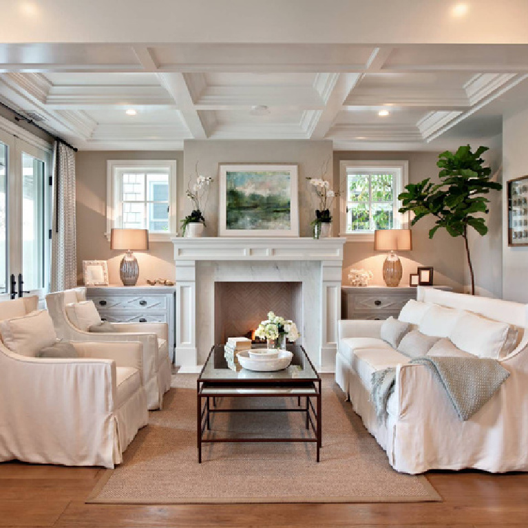 Foggy Morning (Benjamin Moore) soothing neutral paint color in a coastal home with custom millwork - Brandon Architects. #benjaminmoorefoggymorning #foggymorning #paintcolors