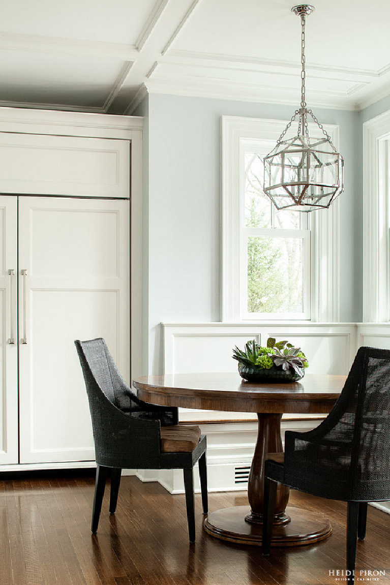 Soothing and tranquil Cashmere Gray (Benjamin Moore) paint color on walls of a designer kitchen - Heidi Piron