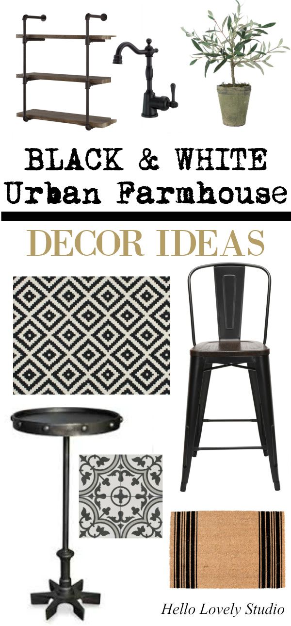 Black and white urban farmhouse decor ideas with furniture and accessories on Hello Lovely. #urbanfarmhouse #shopthelook #blackandwhite