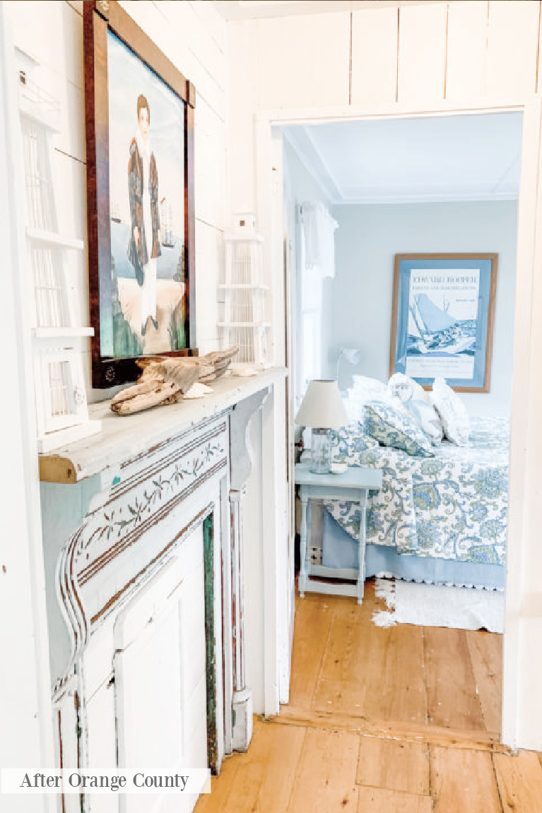 Pretty blue and white traditional style cottage bedroom with vintage decor and Grandmillennial style - After Orange County. #grandmillennial #blueandwhite #interiordesign