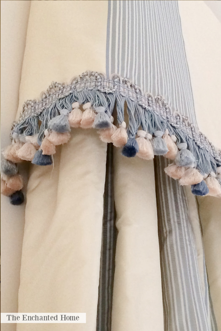 Blue and white tassel trim on traditional style drapery - The Enchanted Home.
