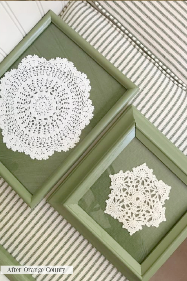 Vintage framed white lace doilies become inexpensive wall art - After Orange County. #grandmillennialstyle #interiordesign