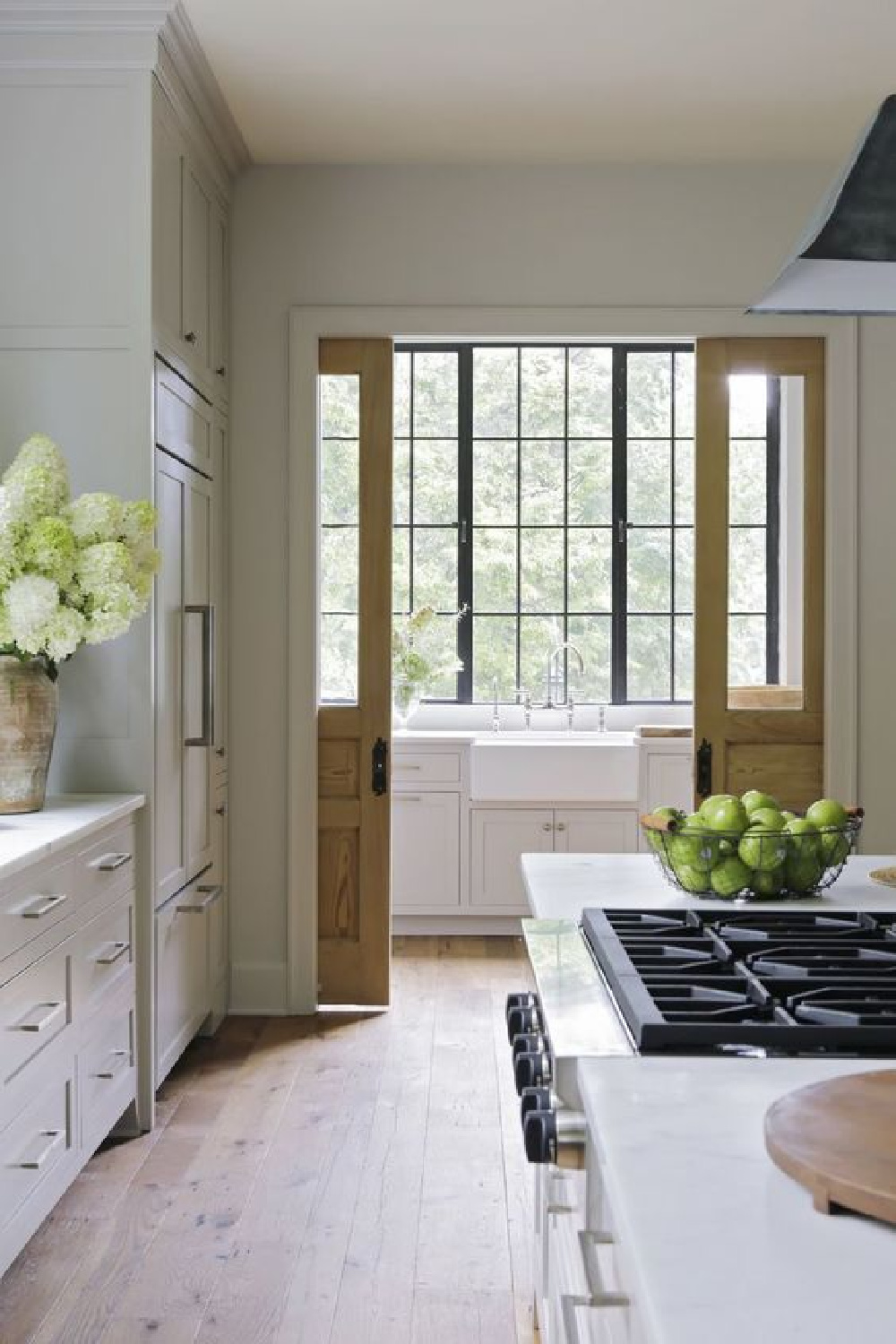 Rachel Halvorson kitchen with pocket doors, farm sink, and black windows.