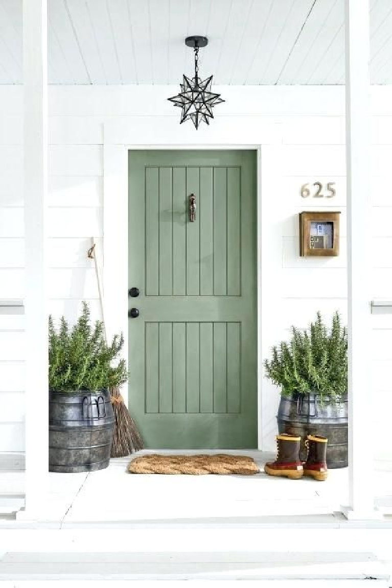 Rosemary (Sherwin-Williams paint color) on a front door. #rosemary #sherwinwilliamsrosemary #paintcolors #greenpaints
