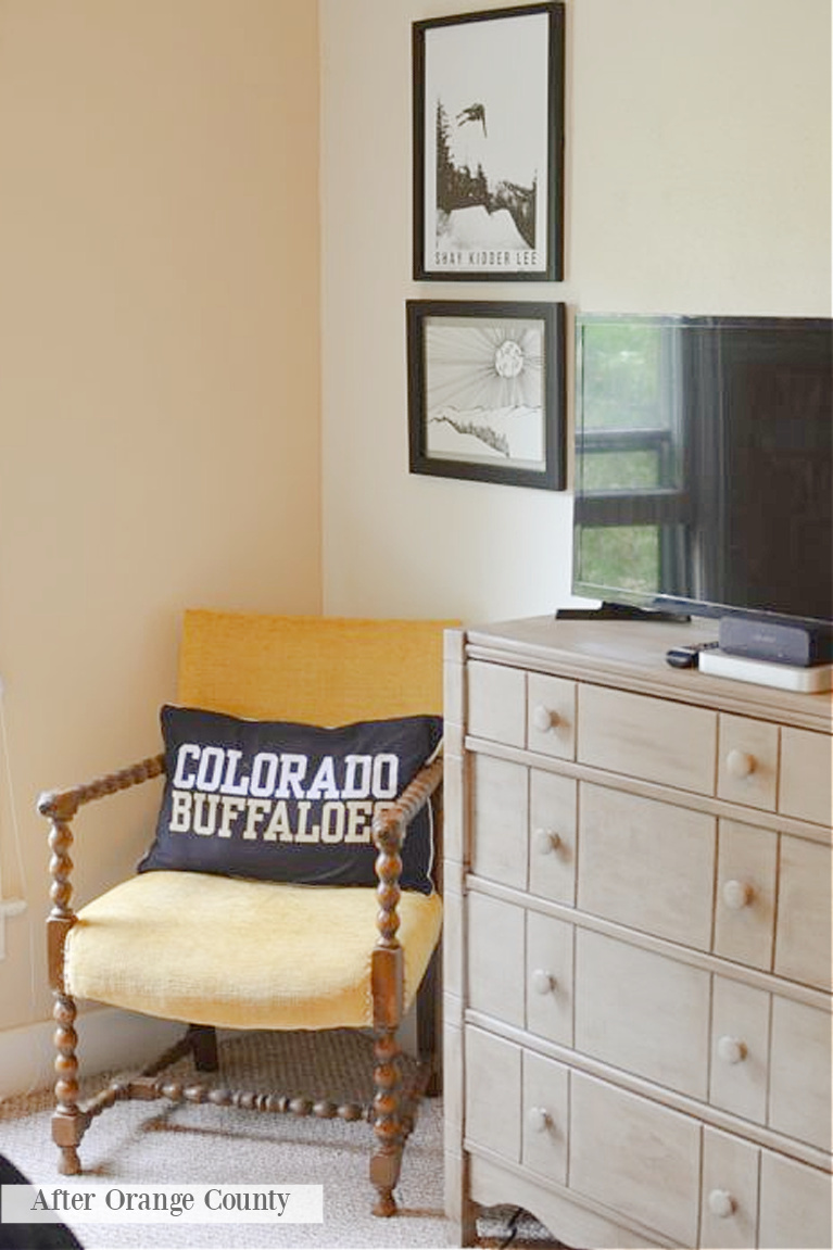 Vintage chair with gold upholstery in a bedroom reflecting the charm of Grandmillennial style - After Orange County.