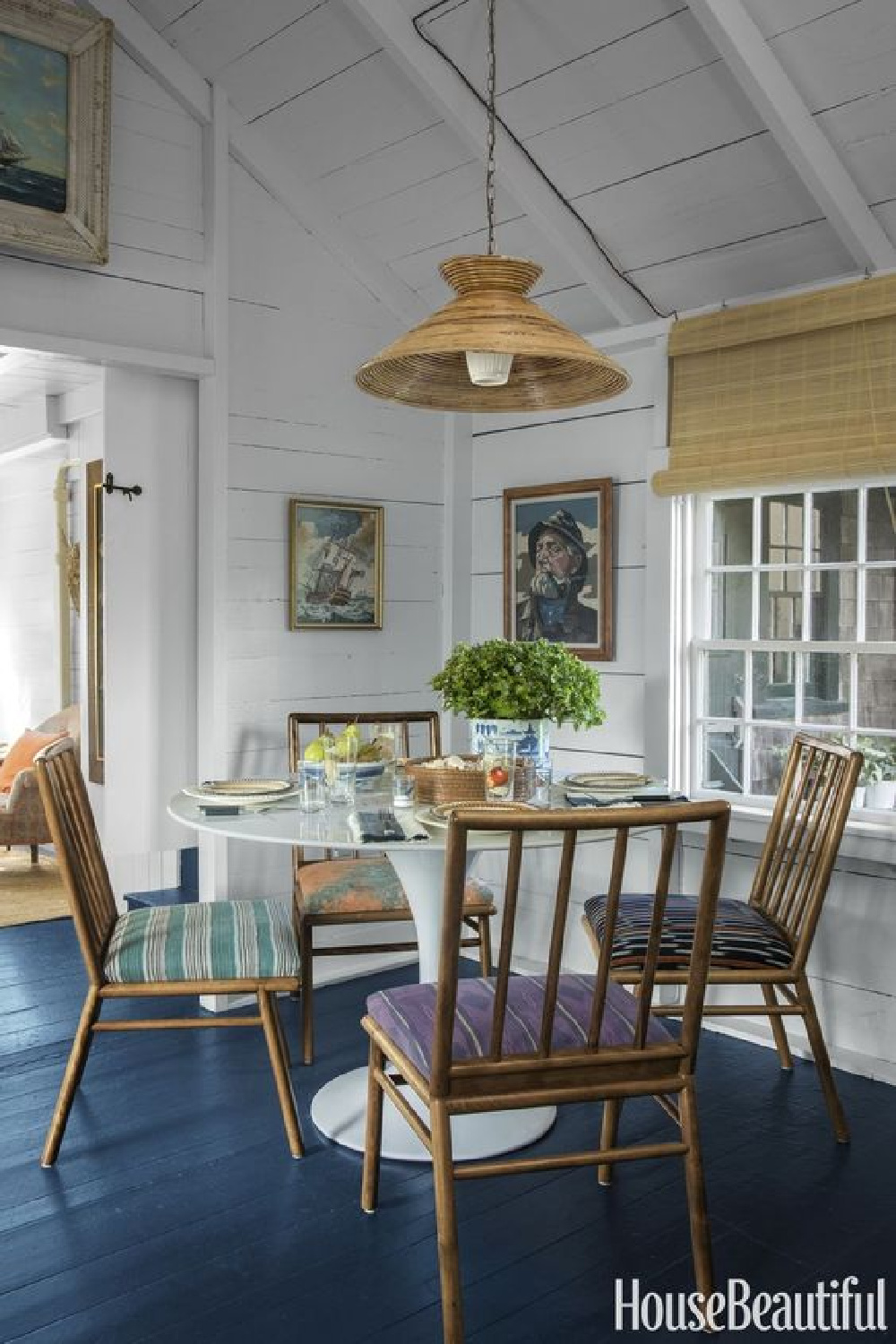 Cottage style dining area in a Nantucket cottage with rustic decor and colorful design. COME TOUR MORE Nantucket Style Chic & Summer Vibes! #nantucket #interiordesign #designinspiration #summerliving #coastalstyle