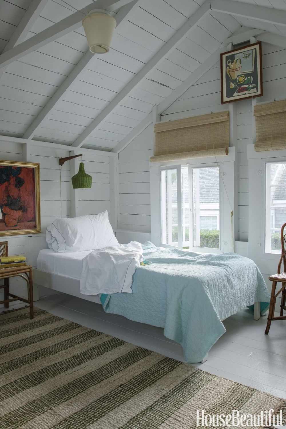 Tranquil bedroom in a rustic Nantucket cottage. COME TOUR MORE Nantucket Style Chic & Summer Vibes! #nantucket #interiordesign #designinspiration #summerliving #coastalstyle