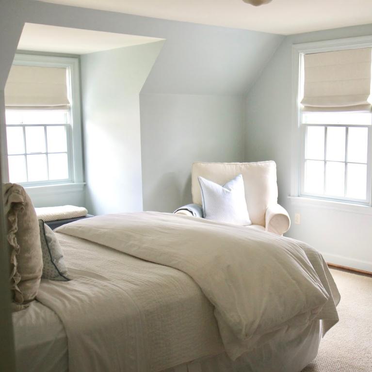Lovely serene pale blue grey bedroom painted Quiet Moments (Benjamin Moore) - JSH Home. #quietmoments #benjaminmoorequietmoments #bluegrey #paintcolors