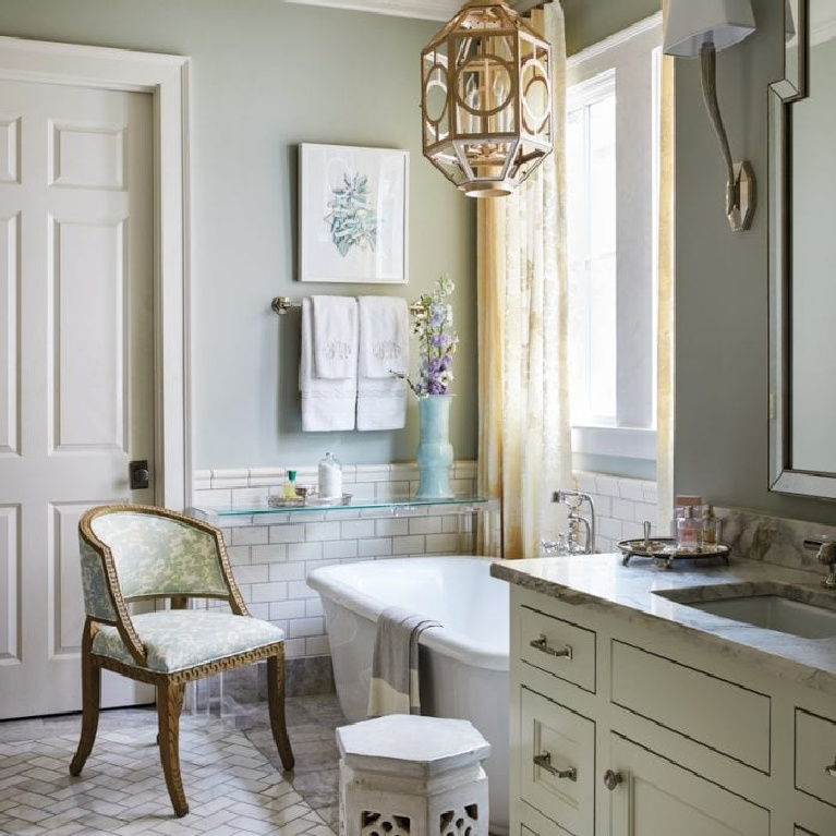 Light blue bathroom walls painted Quiet Moments (Benjamin Moore) via The Glam Pad. #quietmoments #paintcolors #benjaminmoorequietmoments