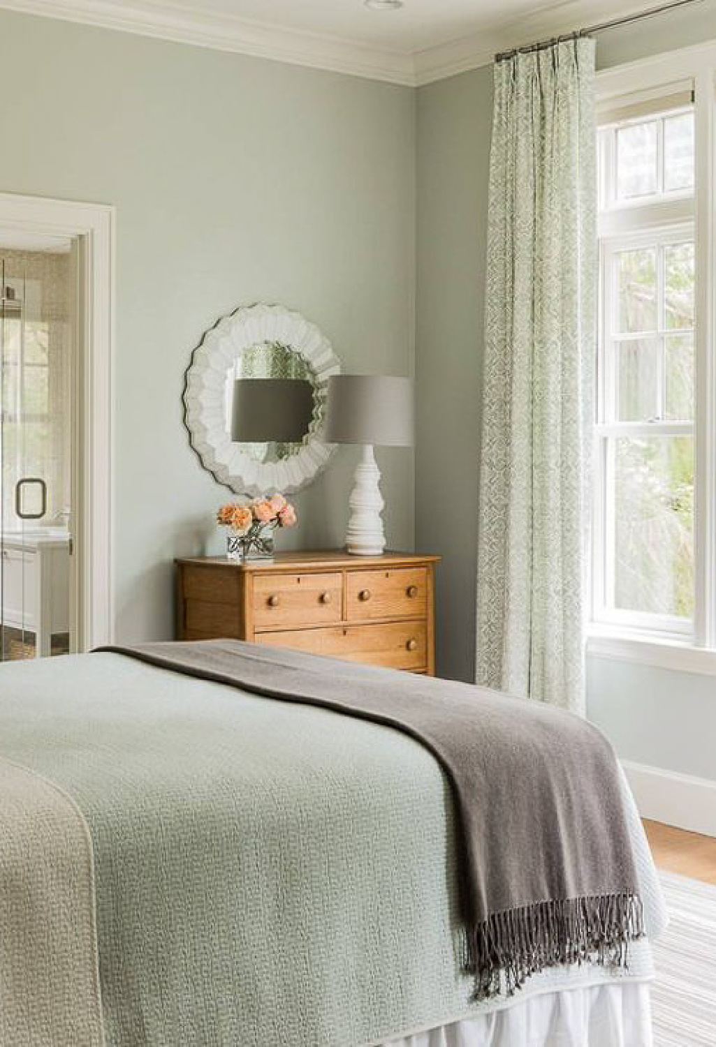 Benjamin Moore Quiet Moments paint color on walls of a lovely traditional cottage style bedroom - Houzz via Postcardsfromtheridge. #quietmoments #paintcolor #pleblue