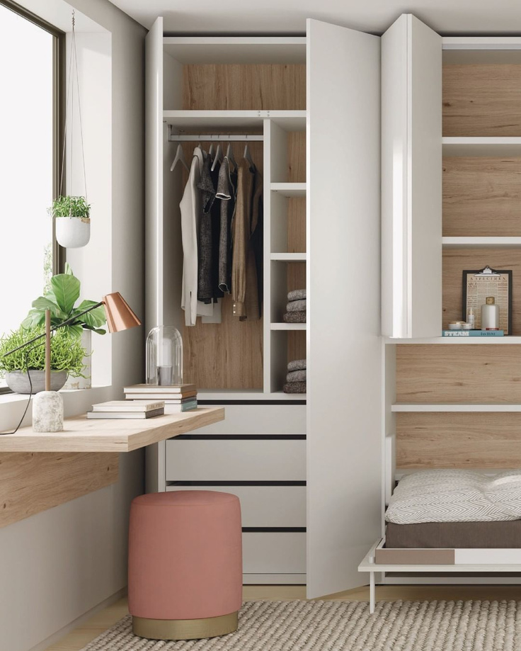 Small Japandi style bedroom with built-ins, Murphy bed and high style - @muebleslafabrica