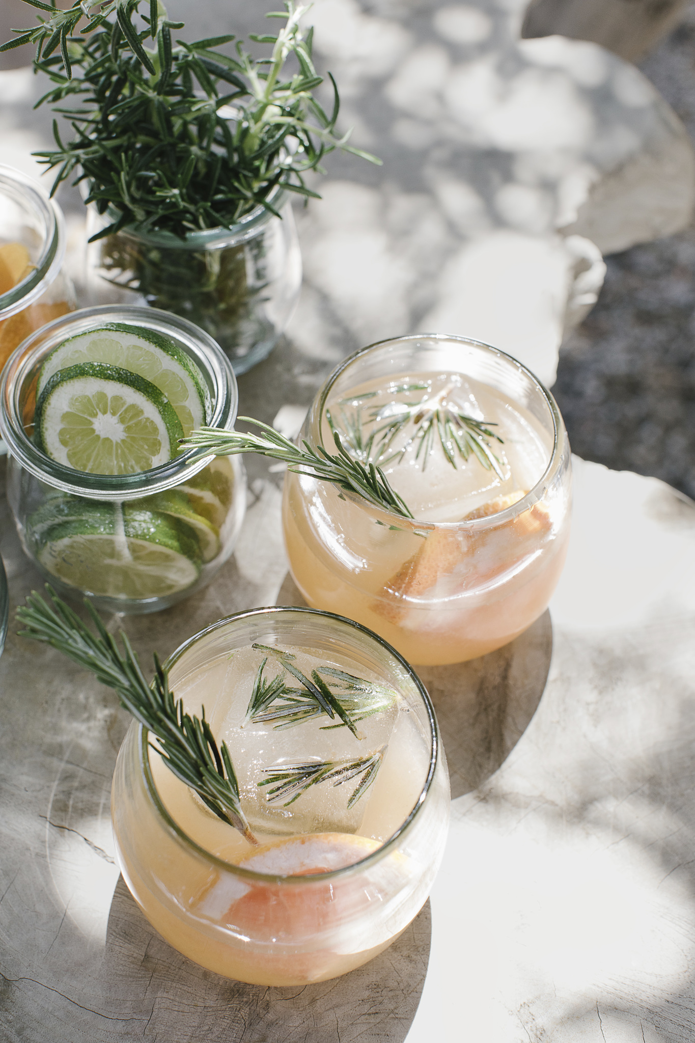 Organic Cali style by Jenni Kayne for these styled cocktails with rosemary - in PACIFIC NATURAL (Rizzoli, 2019).