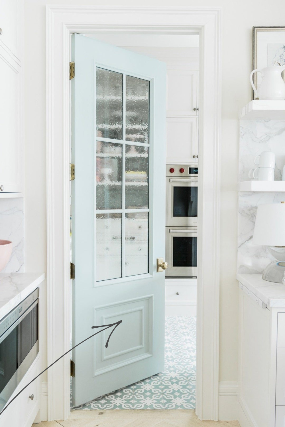 Quiet Moments (BM) paint color on a pantry door - Rachel Parcell. #lightblue #bluegrey #paintcolors