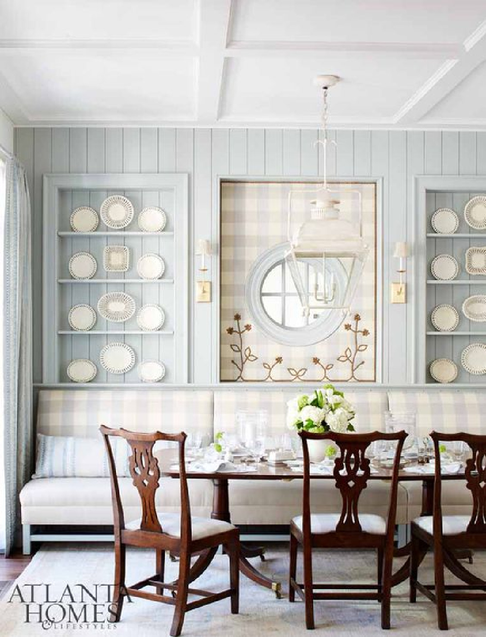 Elegant light blue and white dining area in Southeastern Designer Showhouse - Lauren deLoach design - Atlanta Homes.