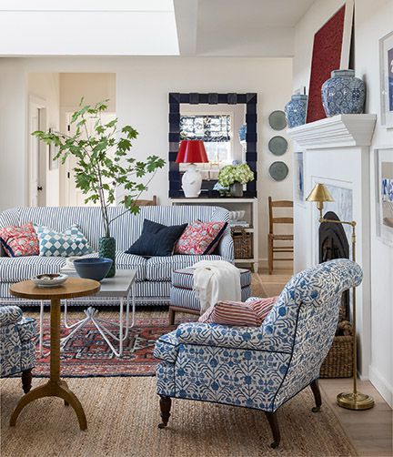 Gorgeous classic design in s coastal living room with blue and white - featured in AT HOME by Brian Paquette (Gibbs Smith, 2021). #livingroom #blueandwhite #coastalstyle