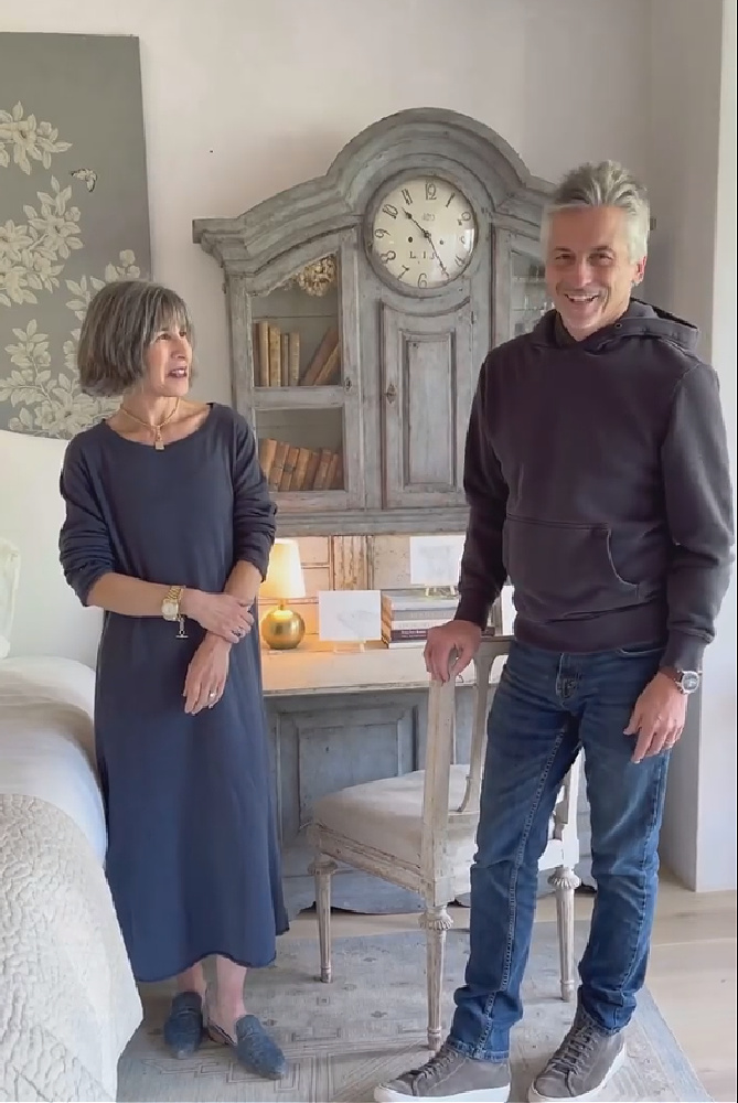 Steve Giannetti and Brooke at home at Patina Farm where a lovely blue grey painted Swedish antique secretary desk in their master bedroom makes a stunning statement. #patinafarm #giannettihome