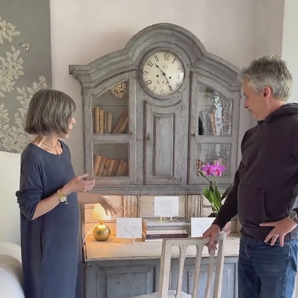 Brooke and Steve Giannetti at home at Patina Farm where a lovely blue grey painted Swedish antique secretary desk in their master bedroom makes a stunning statement. #patinafarm #giannettihome