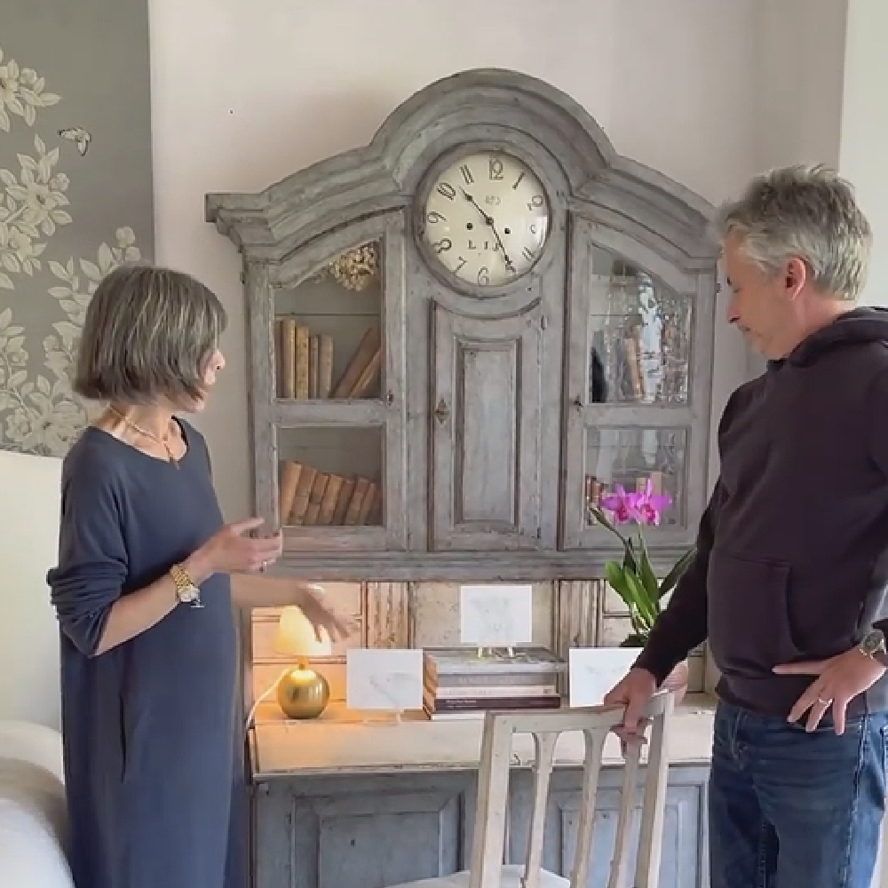 Brooke and Steve Giannetti at home at Patina Farm where a lovely blue grey painted Swedish antique secretary desk in their master bedroom makes a stunning statement. #patinafarm #giannettihome 