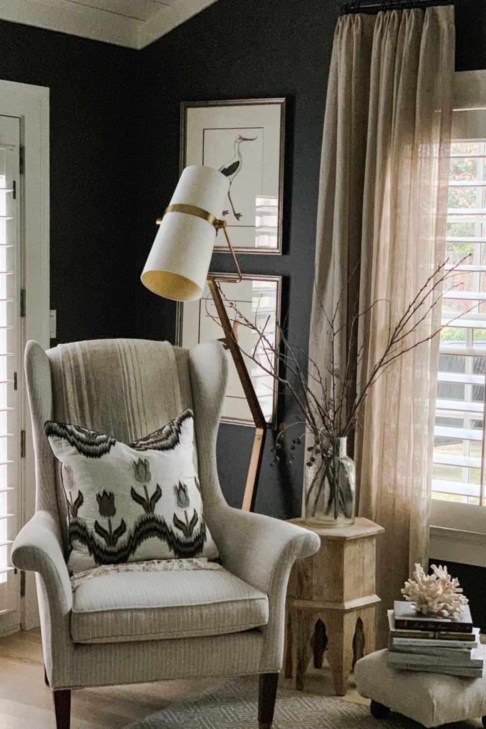 Iron Mountain (Benjamin Moore) soft black/brown paint on bedroom wall - Sherry Hart. Come explore Stunning Neutral and Natural Interiors. t#benjaminmoore #iron,ountain #paintcolors