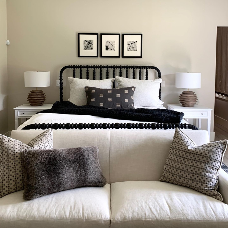 Beautiful natural classic bedroom design by Sherry Hart. #interiordesign #bedrooms #blackandwhite