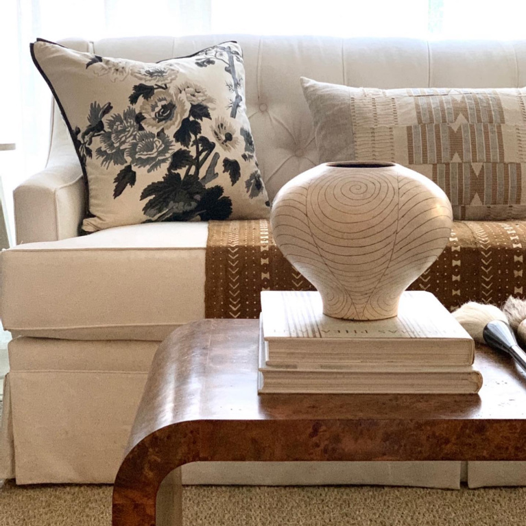 Classic living room with neutrals, black, and white in Atlanta - Sherry Hart. #livingroom #interiordesign #neutraldecor