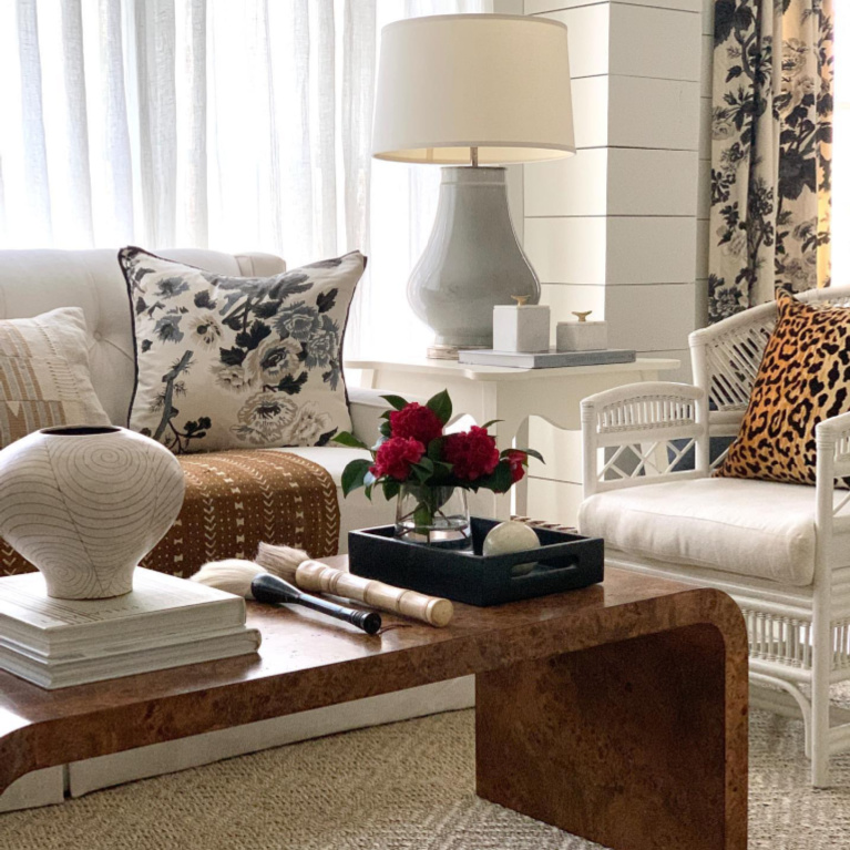 Classic living room with neutrals, black, and white in Atlanta - Sherry Hart. #livingroom #interiordesign #neutraldecor