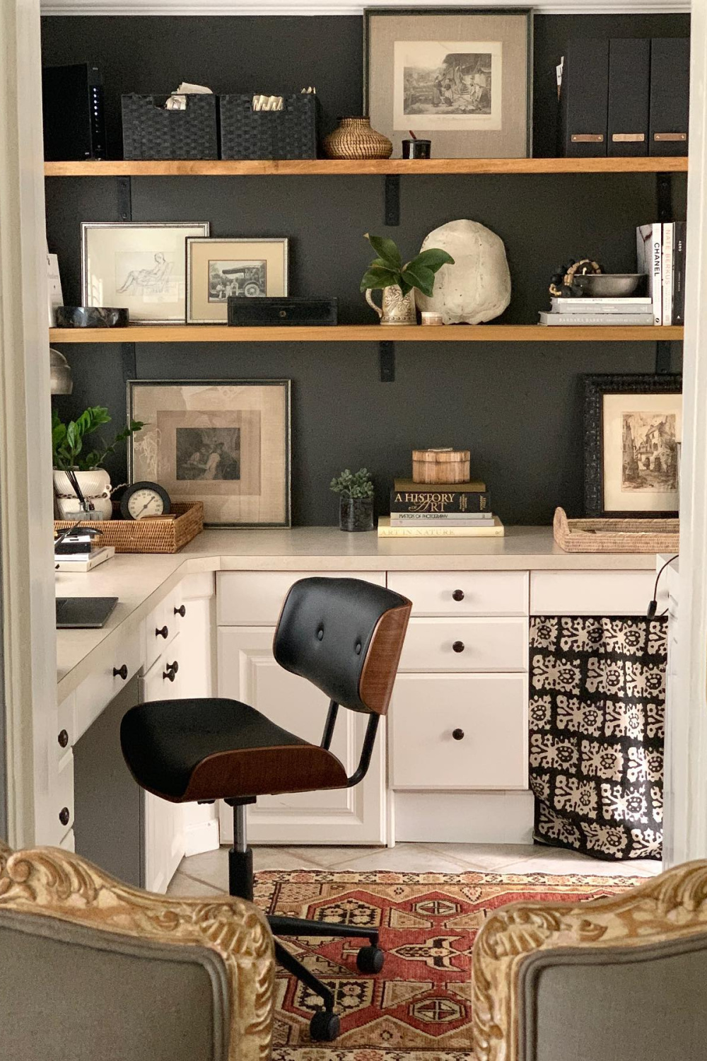 Iron Mountain (Benjamin Moore) paint color on walls in a lovely laundry room office with open shelving and white cabinets - Sherry Hart. #ironmountain #benjaminmooreironmountain #office