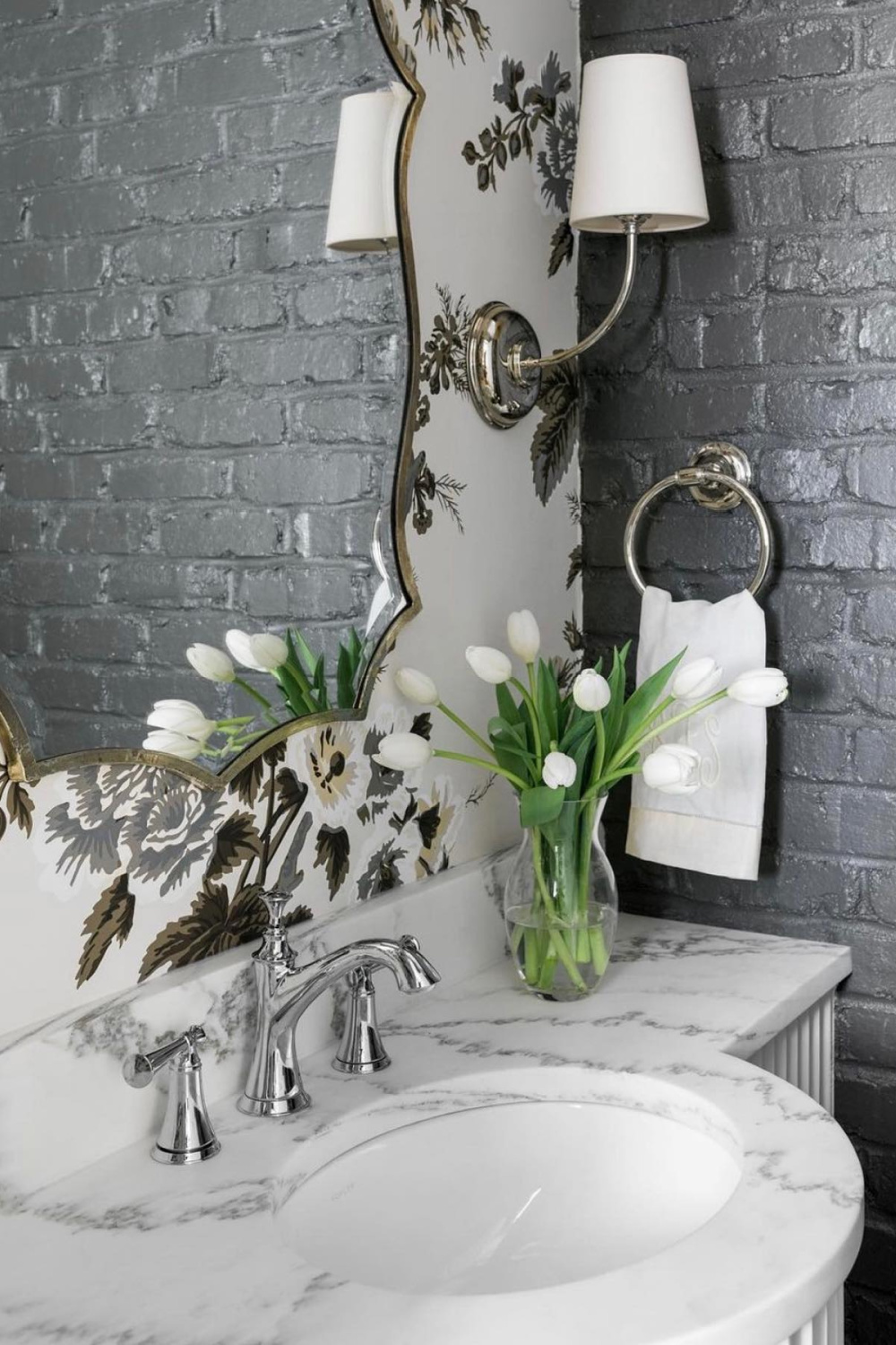 Grey painted brick and Schumacher wallpaper in a lovely classic bathroom with design by Sherry Hart. #pynehollyhock #wallpaper #bathroom