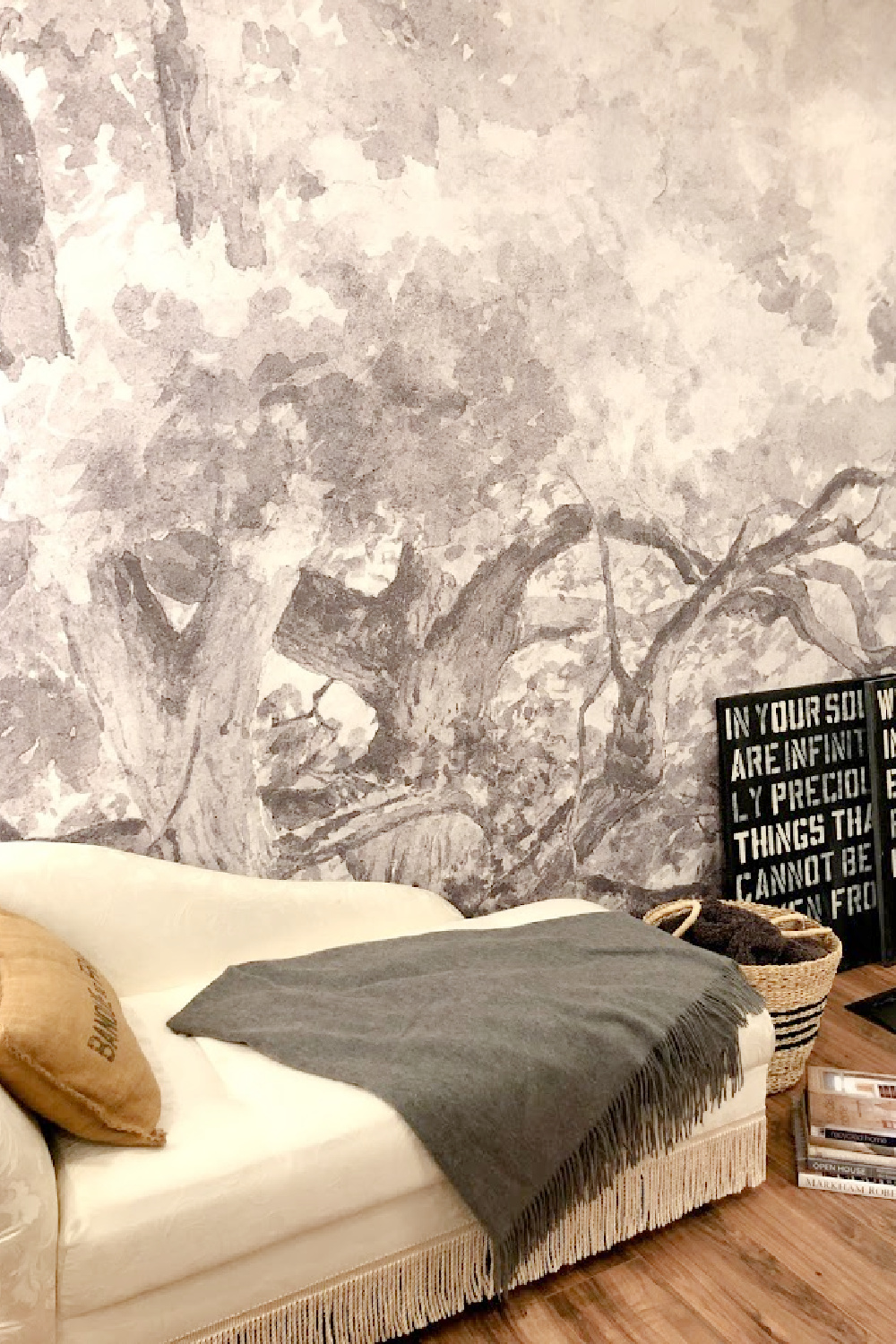 Detail of the beautiful trees in the Photowall mural in our finished basement - Hello Lovely. #finishedbasementideas #mural #wallpaper